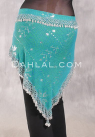 Egyptian Assuit Wide Row Beaded Hip Scarf - Turquoise with Silver 
