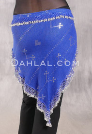 Egyptian Assuit Wide Row Beaded Hip Scarf - Royal Blue with Silver