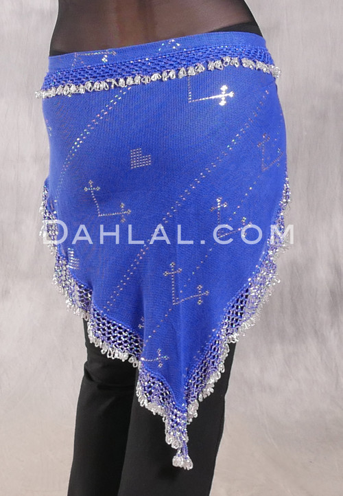 Egyptian Assuit Wide Row Beaded Hip Scarf - Royal Blue with Silver