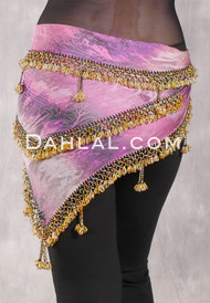 Egyptian Beaded Hip Scarf - Pink and Black Tie-Dye with Gold