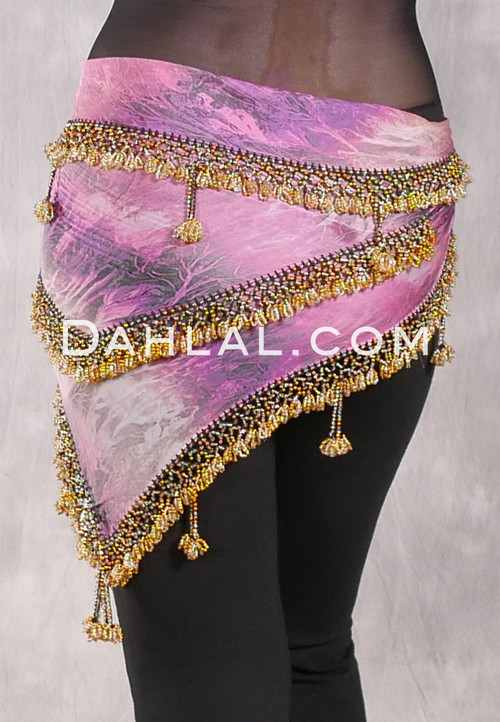 Egyptian Beaded Hip Scarf - Pink and Black Tie-Dye with Gold
