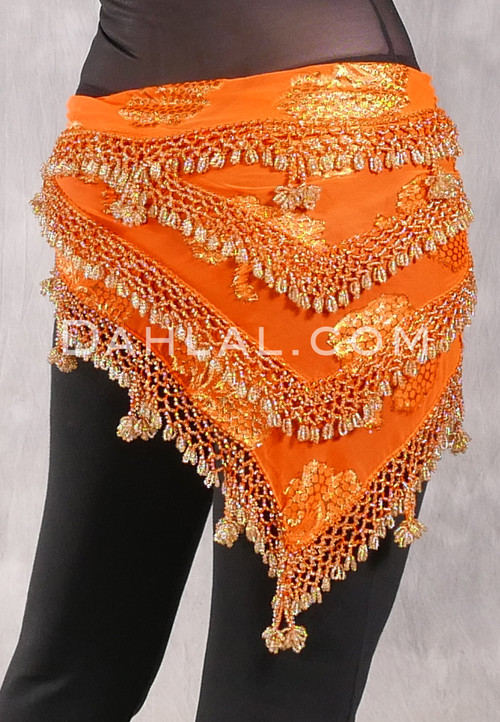 Egyptian Beaded Hip Scarf - Orange and Gold Metallic with Gold