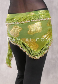 DYNASTY Wide Row Beaded Hip Scarf - Metallic Gold on Lime with Gold