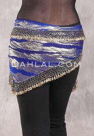 DYNASTY Wide Row Beaded Hip Scarf - Metallic Gold on Royal Blue with Gold