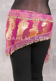 DYNASTY Wide Row Beaded Hip Scarf - Metallic Gold on Pink with Gold