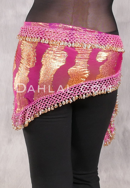 DYNASTY Wide Row Beaded Hip Scarf - Metallic Gold on Pink with Gold