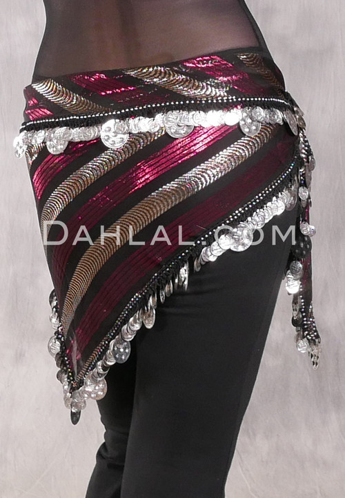 SOHA Single Coin Hip Scarf with Multi-Size Coins - Metallic Stripe with Black, Red and Silver
