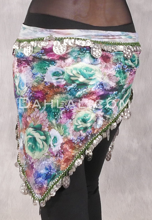 SOHA Single Coin Hip Scarf with Multi-Size Coins - Floral with Silver