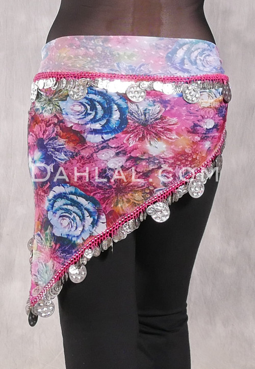 SOHA Single Coin Hip Scarf with Multi-Size Coins - Floral with Silver