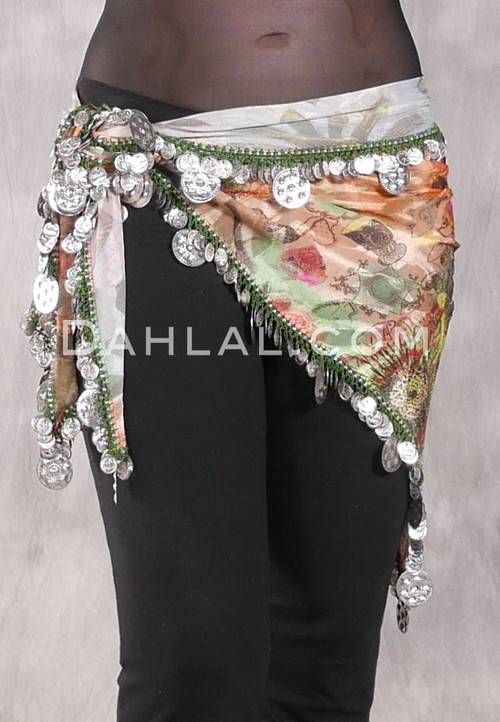 SOHA Single Coin Hip Scarf with Multi-Size Coins - Floral with Silver