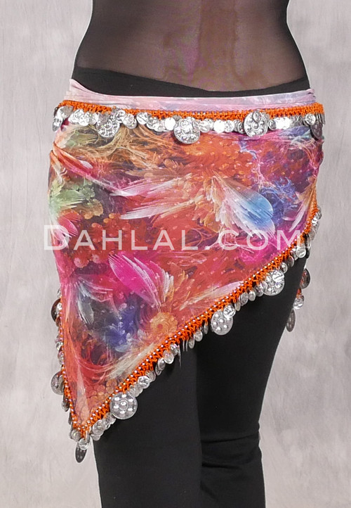 SOHA Single Coin Hip Scarf with Multi-Size Coins - Floral with Silver