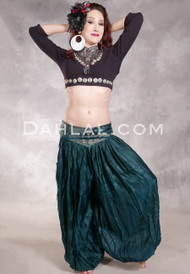 LUNA JADE Draped Silk Brocade Harem Pant - Dark Teal, Seafoam and Copper