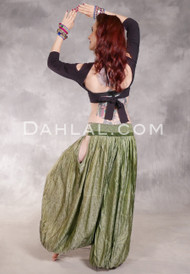LUNA JADE Draped Silk Brocade Harem Pant - Dusty Light Olive and Silver
