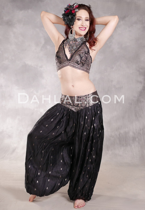 LUNA JADE II Silk Brocade Harem Pant and Small Sari Halter Top Set - Black with Antique Silver