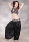 LUNA JADE II Silk Brocade Harem Pant and Small Sari Halter Top Set - Black with Antique Silver