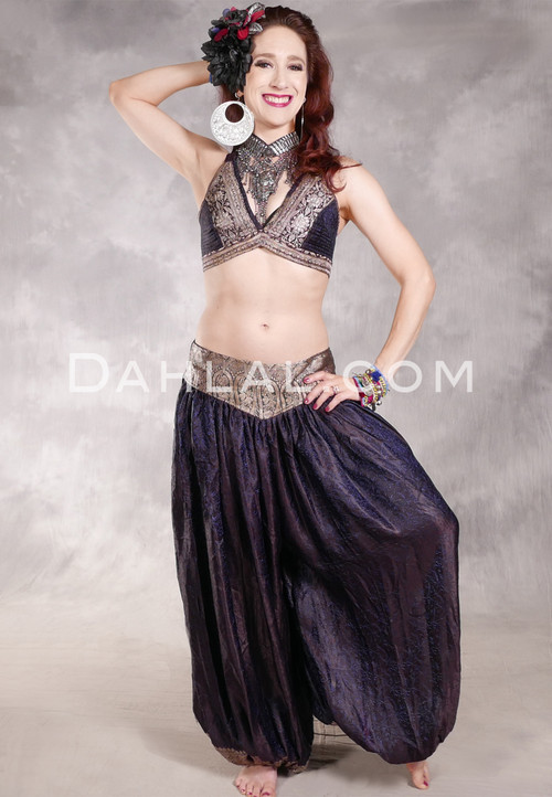 LUNA JADE II Silk Brocade Harem Pant and Small Sari Halter Top Set - Midnight Plum, Blue and Antique Silver