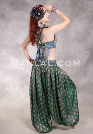 LUNA JADE II Silk Brocade Harem Pant and Small Sari Halter Top Set - Green, Medium Blue, Silver and Antique Silver