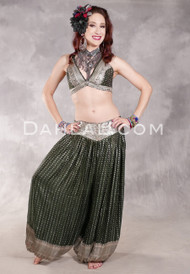 LUNA JADE II Silk Brocade Harem Pant and Small Sari Halter Top Set - Forest Green and Silver