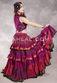 MOON FLOWER 25 Yard Printed Silk Tiered Ruched Skirt - Fuchsia, Dark Salmon, Black, Forest Green and Gold