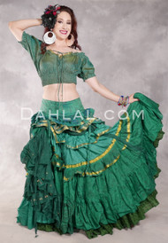 MOON FLOWER 25 Yard Printed Silk Tiered Ruched Skirt - Forest Green, Green, Mint Green and Gold