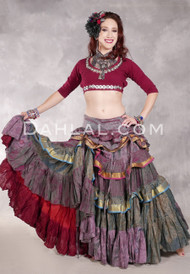 MOON FLOWER 25 Yard Printed Silk Tiered Ruched Skirt - Rose, Fuchsia, Iridescent Green, Turquoise and Gold