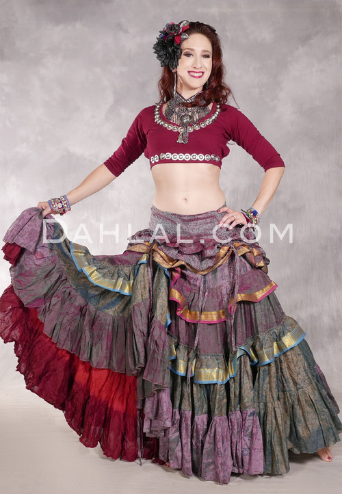 MOON FLOWER 25 Yard Printed Silk Tiered Ruched Skirt - Rose, Fuchsia, Iridescent Green, Turquoise and Gold