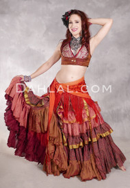 MOON FLOWER 25 Yard Printed Silk Tiered Ruched Skirt - Coral, Red, Rust, Black and Gold