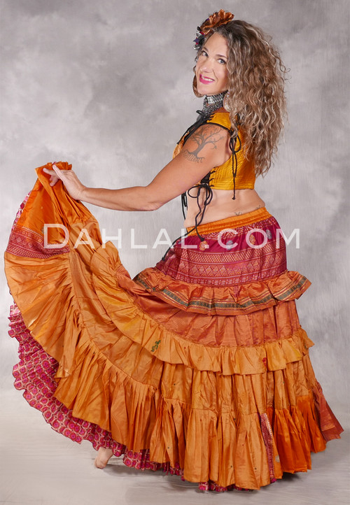 MOONLIGHT AVALON 25 Yard Silk Tiered Ruched Skirt - Burnt Orange, Gold, Wine, Red and Dark Green