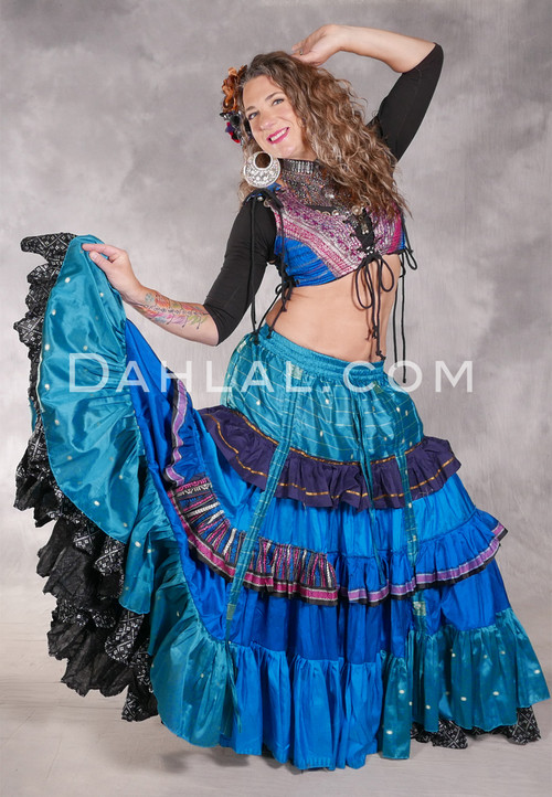 MOONLIGHT AVALON 25 Yard Silk Tiered Ruched Skirt - Turquoise, Medium Blue, Teal, Navy, Pink, Gold and Ivory