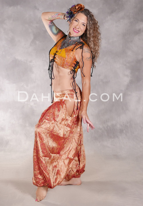 LUNA JADE Draped Silk Brocade Harem Pant - Metallic Gold and Red