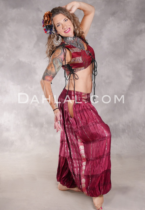 LUNA JADE Draped Silk Brocade Harem Pant - Two Tone Wine and Black with Silver