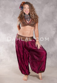 LUNA JADE II Silk Brocade Harem Pant and X-Large Sari Halter Top Set - Wine, Gold and Black