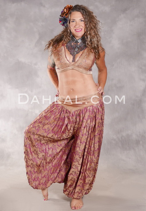 LUNA JADE II Silk Brocade Harem Pant and X-Large Sari Halter Top Set - Tan, Rose, Silver, Green, Red and Blue