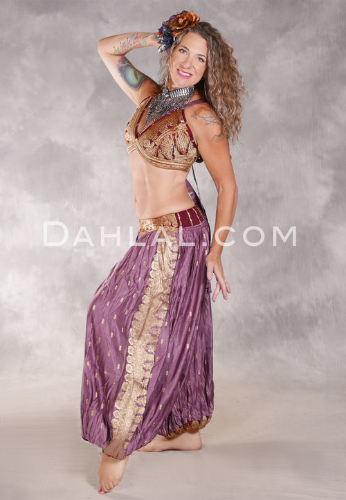 LUNA JADE II Silk Brocade Harem Pant and Large Sari Halter Top Set - Mauve, Wine and Gold