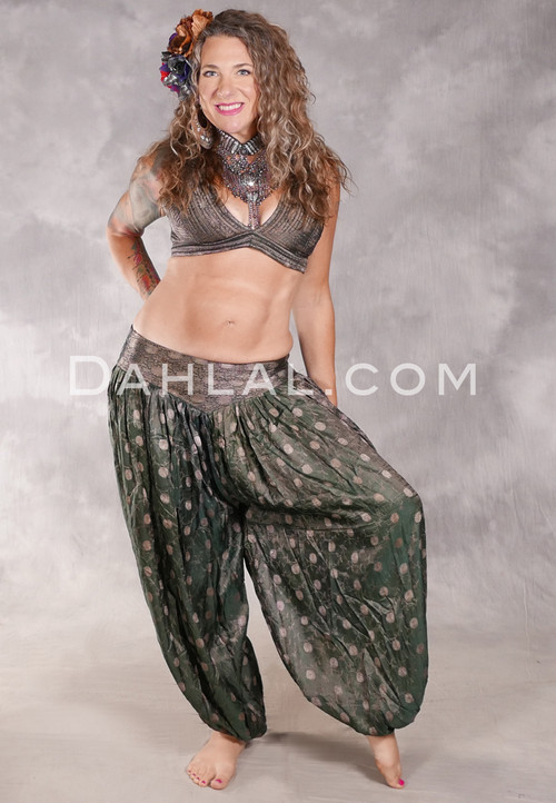 LUNA JADE II Silk Brocade Harem Pant and Large Sari Halter Top Set - Iridescent Dark Green and Taupe