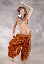 LUNA JADE II Silk Brocade Harem Pant and Medium Sari Halter Top Set - Deep Gold and Silver