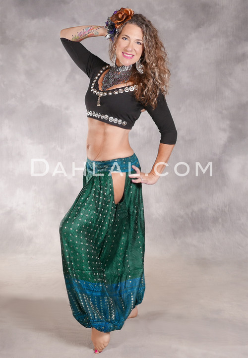 LUNA JADE Draped Silk Brocade Harem Pant - Dark Green and Medium Blue with Silver