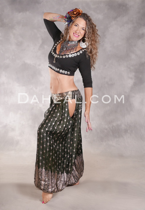LUNA JADE Draped Silk Brocade Harem Pant - Dark Olive with Antique Silver