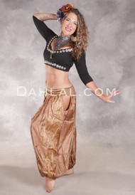 LUNA JADE Draped Silk Brocade Harem Pant - Warm Tan with Gold