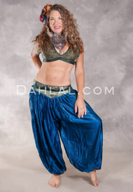 LUNA JADE II Silk Brocade Harem Pant and X-Large Sari Halter Top Set - Medium Blue, Forest Green, Copper and Pale Green