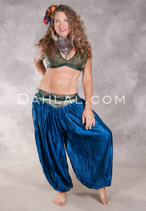 LUNA JADE II Silk Brocade Harem Pant and X-Large Sari Halter Top Set - Medium Blue, Forest Green, Copper and Pale Green