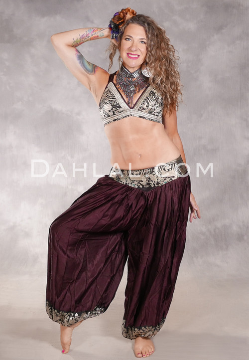 LUNA JADE II Silk Brocade Harem Pant and Small Sari Halter Top Set - Dark Chocolate, Black and Silver