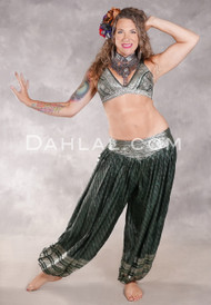 LUNA JADE II Silk Brocade Harem Pant and Medium Sari Halter Top Set - Forest Green and Silver