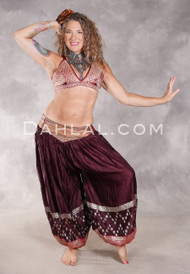 LUNA JADE II Silk Brocade Harem Pant and Medium Sari Halter Top Set - Chocolate, Red, Silver and Orange