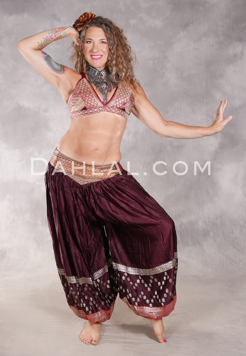 LUNA JADE II Silk Brocade Harem Pant and Medium Sari Halter Top Set - Chocolate, Red, Silver and Orange