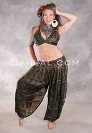 LUNA JADE II Silk Brocade Harem Pant and X-Large Sari Halter Top Set - Forest Green, Dark Green, Gold and Silver