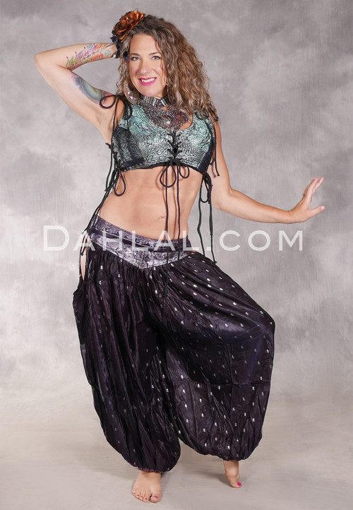 LUNA JADE Draped Silk Brocade Harem Pant - Dark Plum with Silver