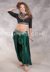 LUNA JADE Draped Silk Brocade Harem Pant - Green, Silver and Turquoise