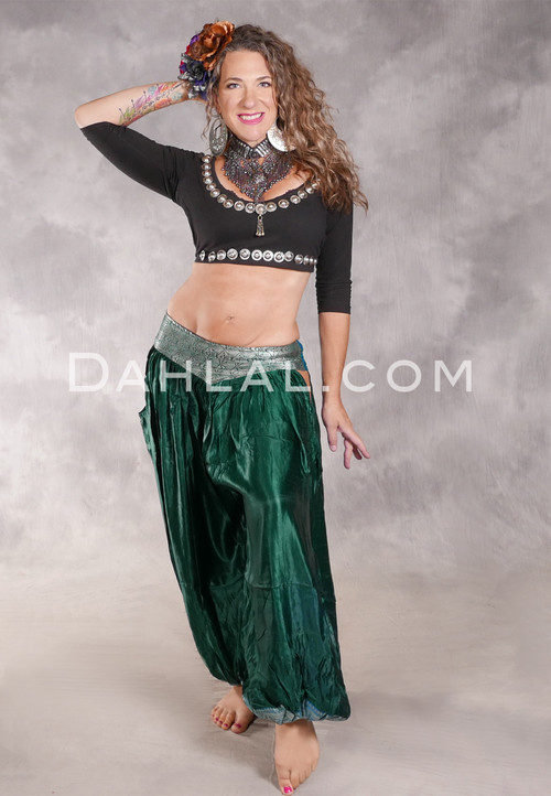 LUNA JADE Draped Silk Brocade Harem Pant - Green, Silver and Turquoise