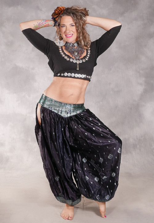 LUNA JADE Draped Silk Brocade Harem Pant - Dark Plum, Green, Silver, Purple and Fuchsia